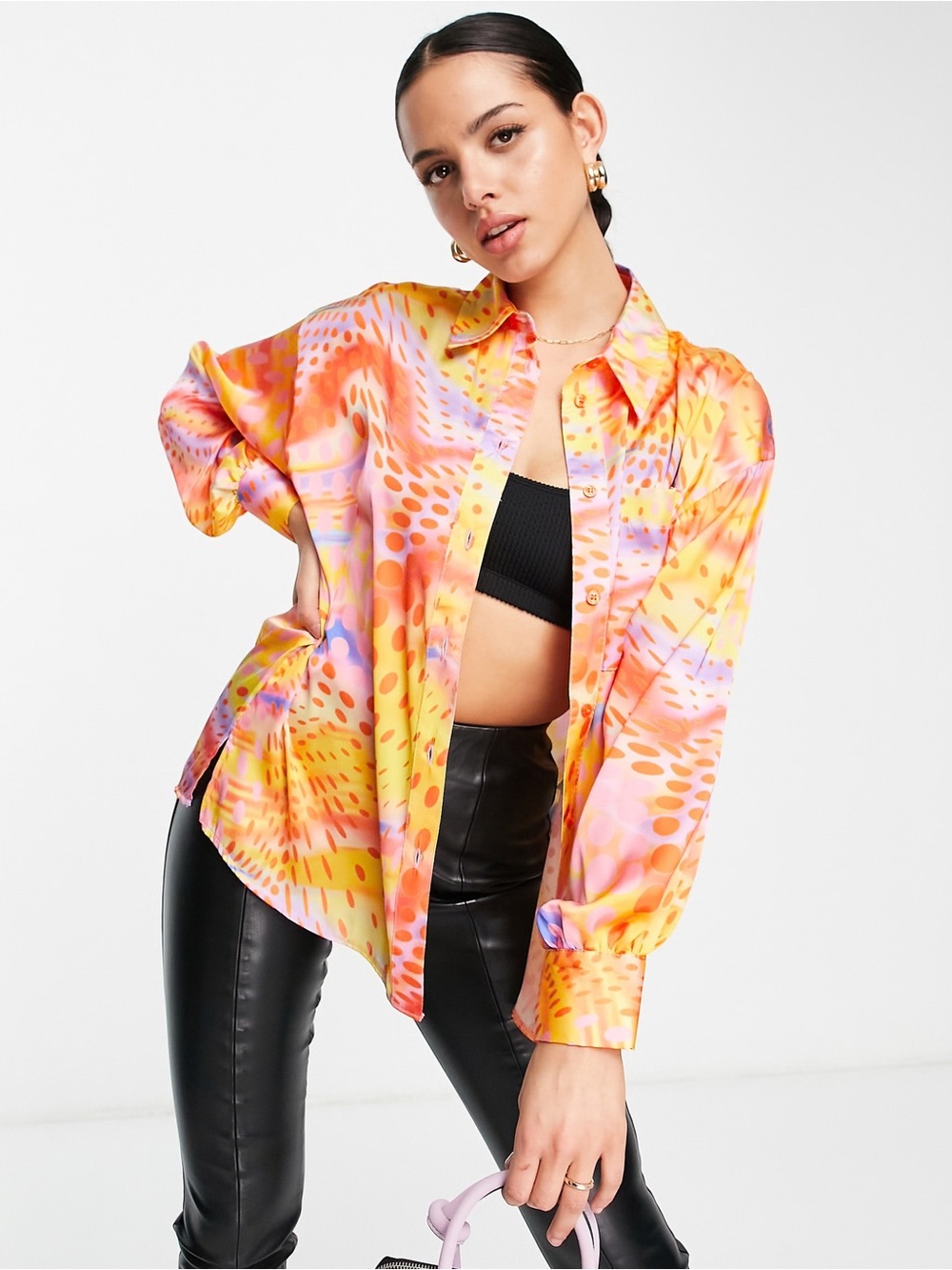 ASOS Orange-Pink Abstract Satin Button-Down Blouse